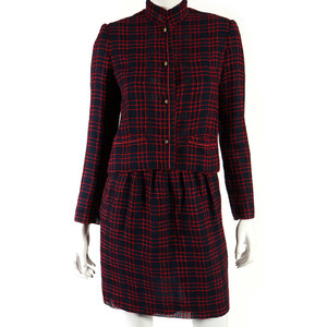 Medium chanel creations vintage red blue check embroidered skirt suit 36